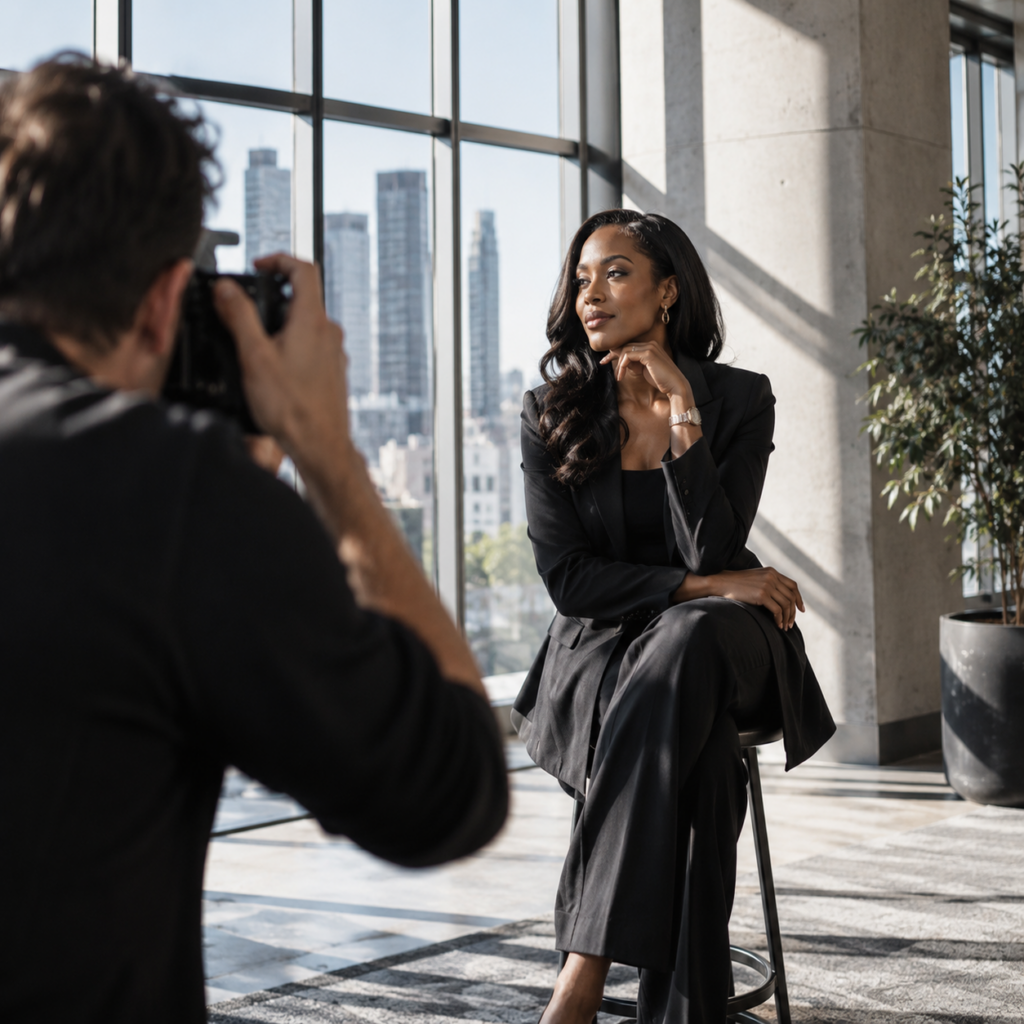 Black female executive being photographed during a professional personal branding photoshoot in a contemporary corporate setting