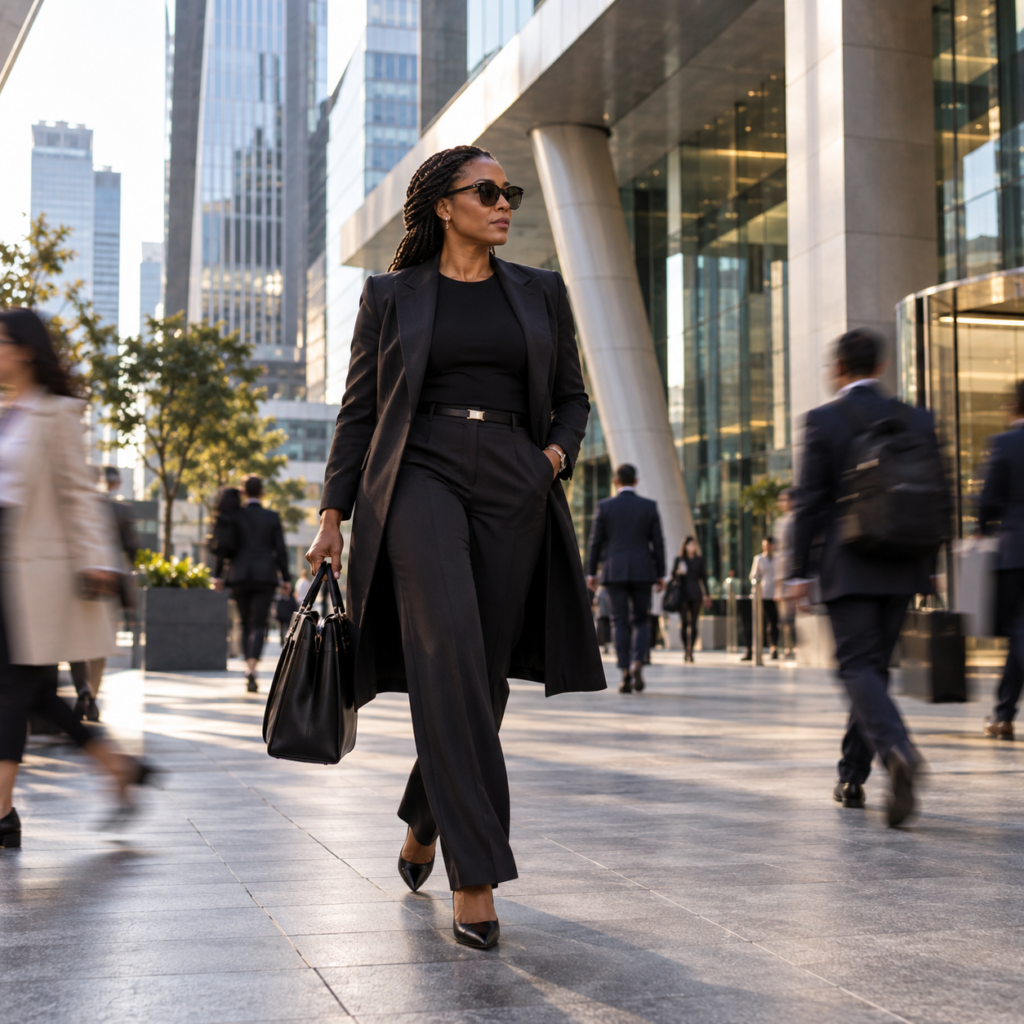 Black female executive walking through a modern financial district surrounded by contemporary corporate architecture