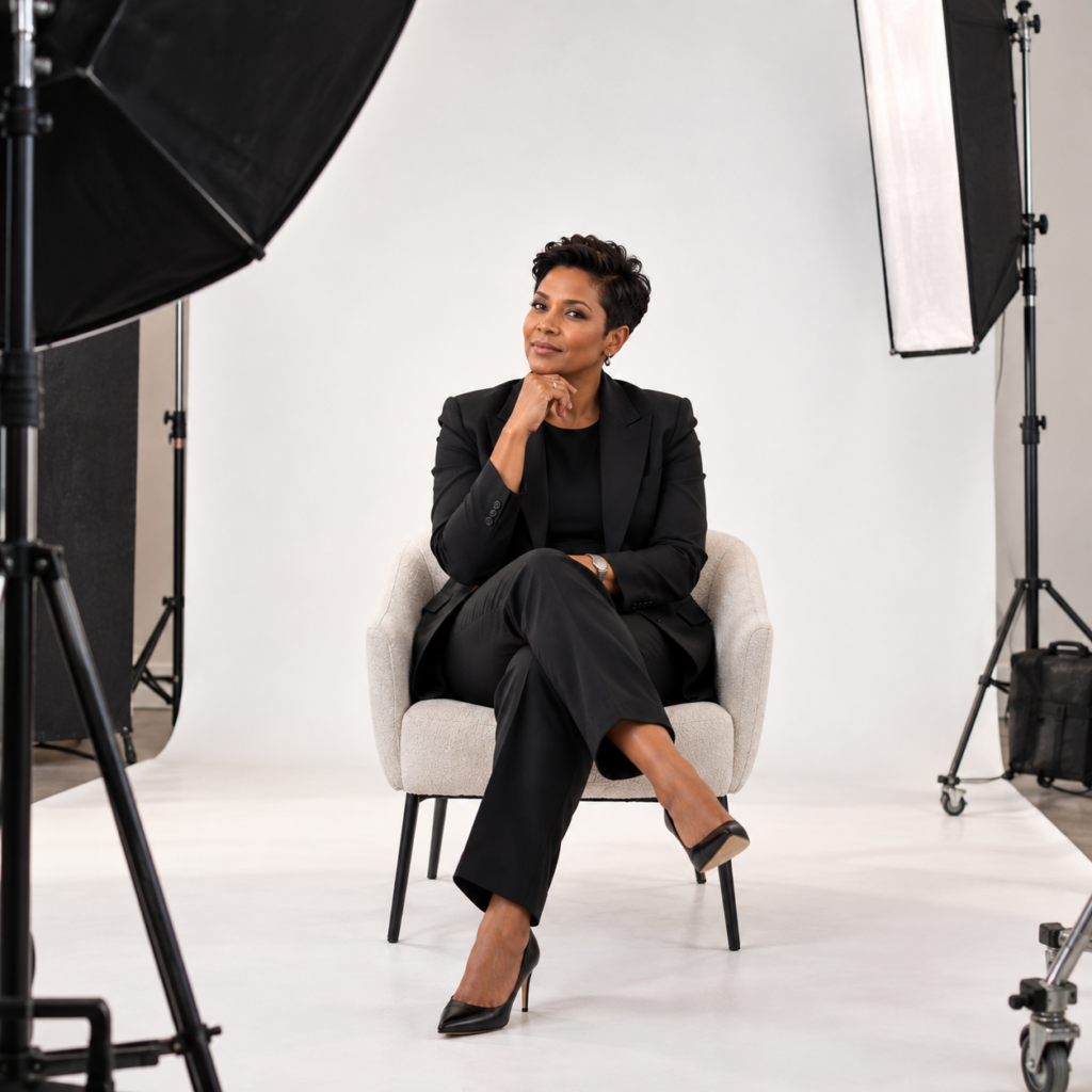 Female executive seated in a professional photography studio during an executive personal branding photoshoot