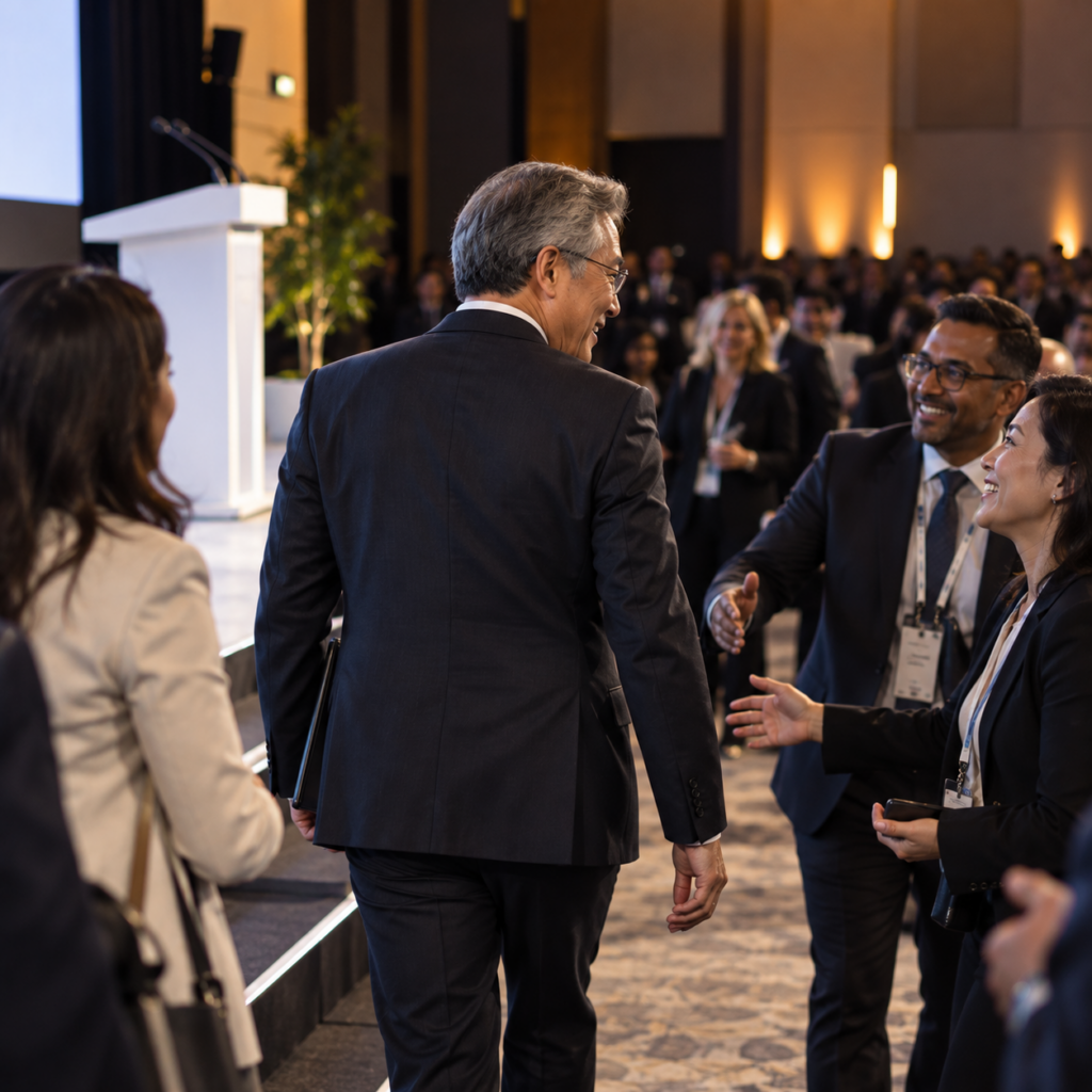 Senior executive leaving a conference stage as business leaders approach him after his presentation