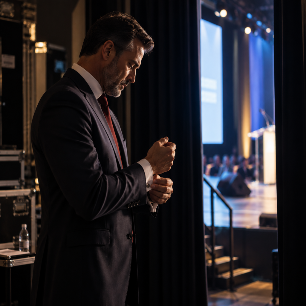 Senior male executive preparing backstage before a professional speaking engagement