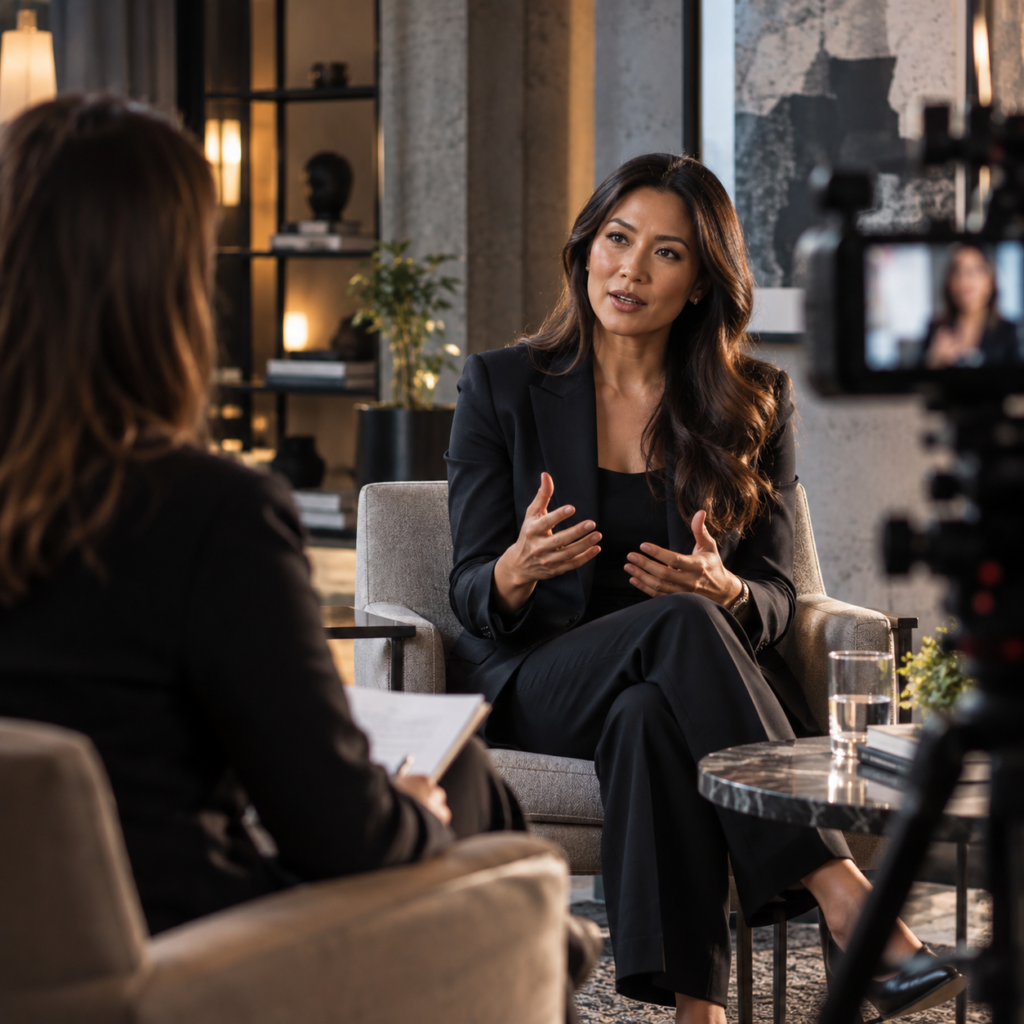 Female executive taking part in a professional media interview in a modern studio setting