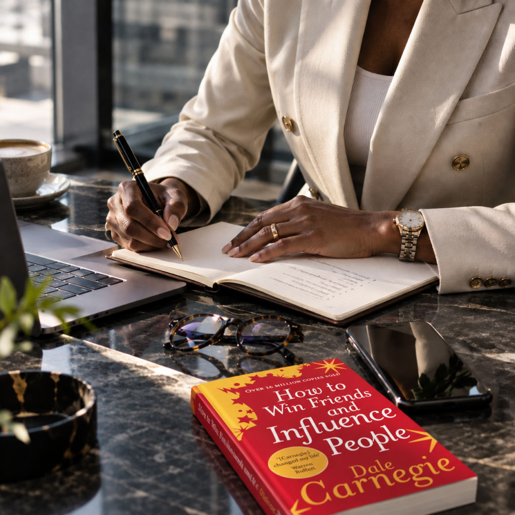 Executive workspace with professional accessories and How to Win Friends and Influence People by Dale Carnegie