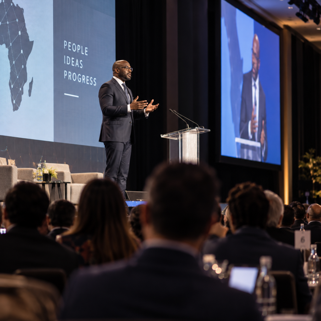 Senior executive delivering a keynote presentation to business leaders at a professional conference