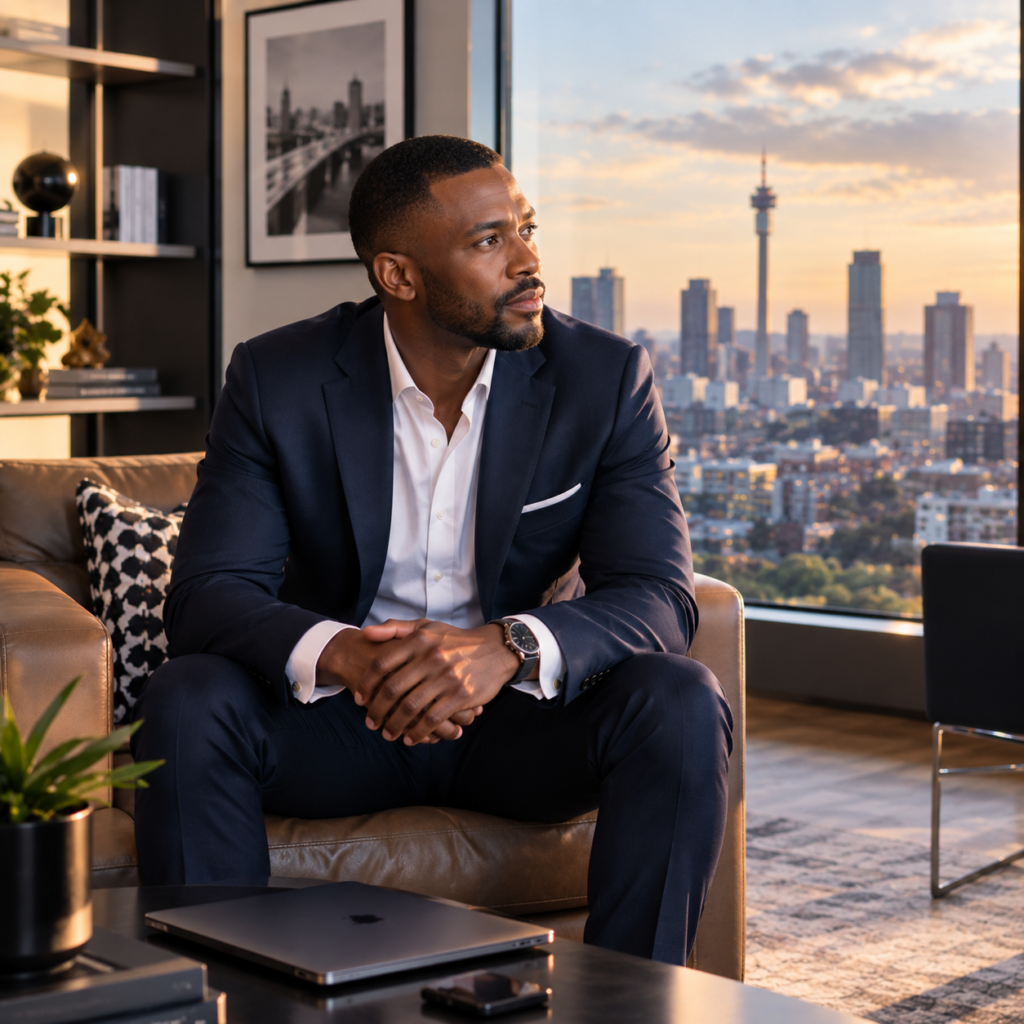 Senior executive photographed in a modern Johannesburg office overlooking the city skyline