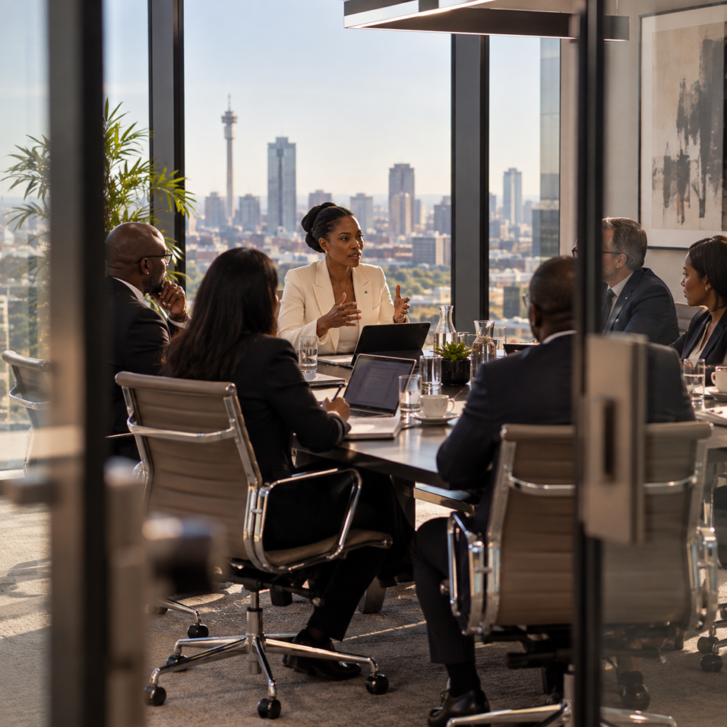 Female executive leading a strategic discussion with senior business leaders in a contemporary boardroom