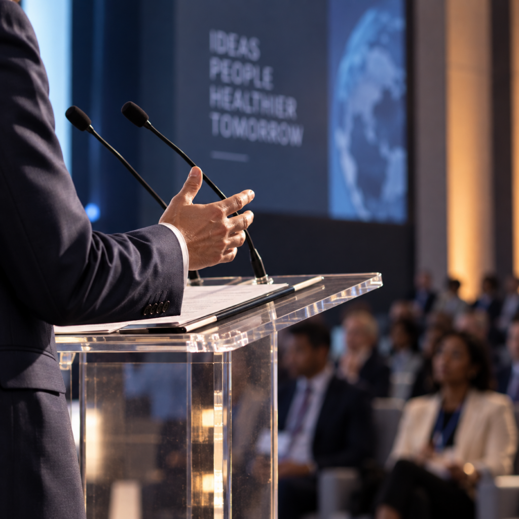 Close-up of an executive speaking at a lectern with microphones during a professional conference