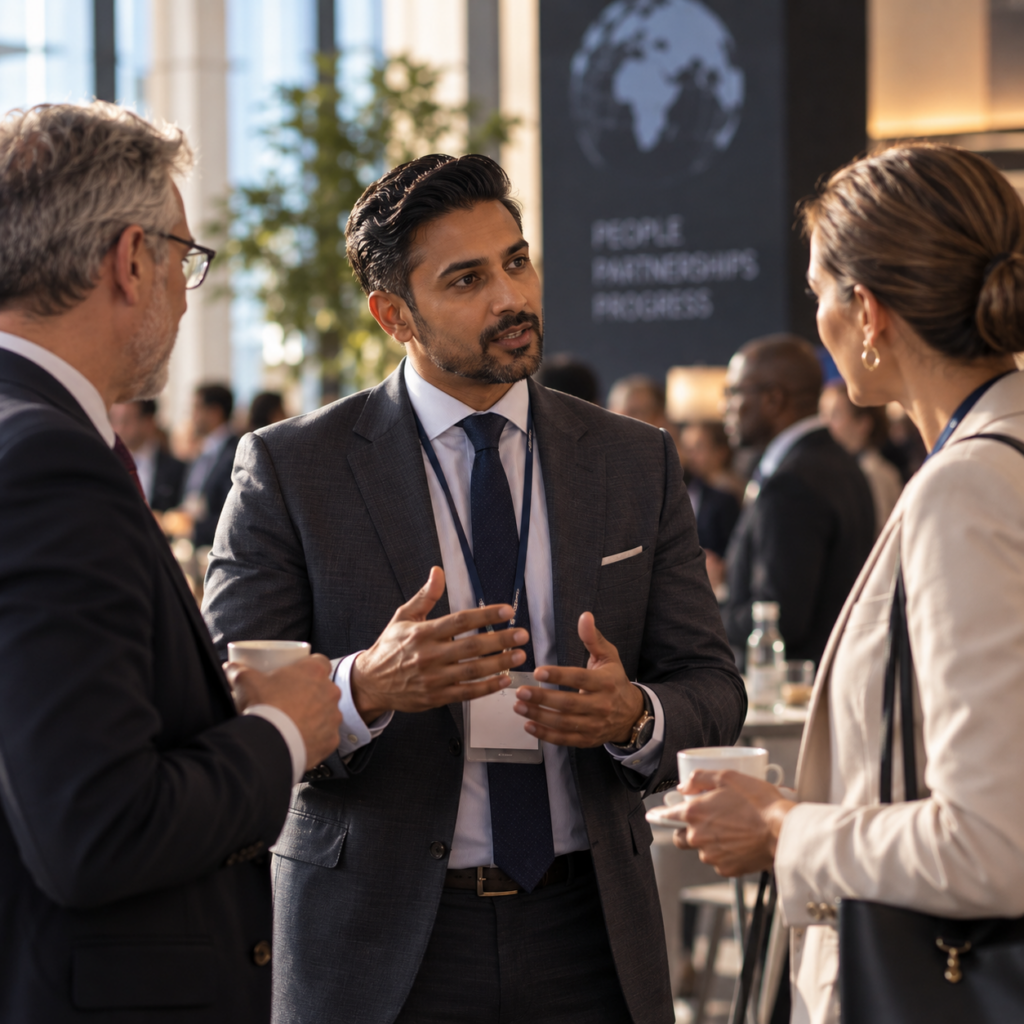 Asian executive in conversation with senior business leaders at an international professional event