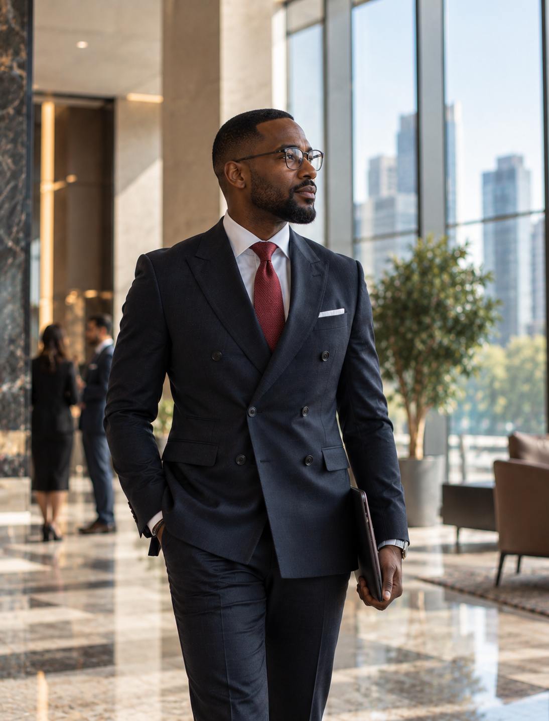 Black male executive in a bright architectural lobby