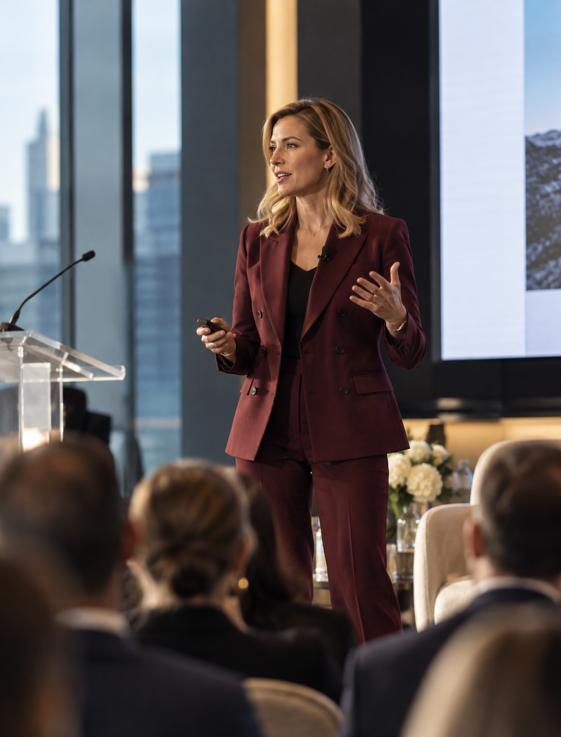 Female executive delivering a keynote presentation to business leaders at a corporate event
